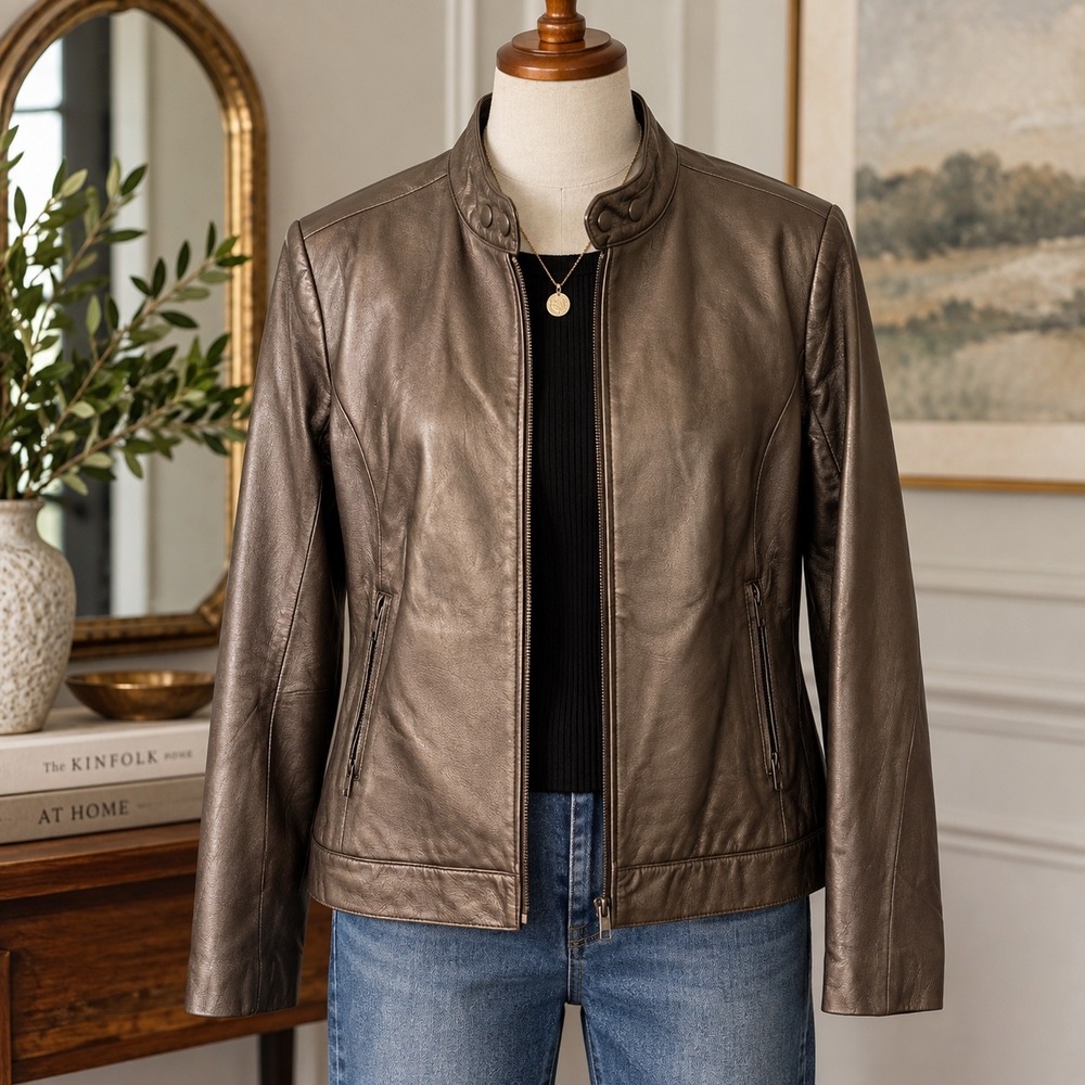 Terry Lewis Classic Luxuries Metallic Copper Gray Genuine Leather Jacket M